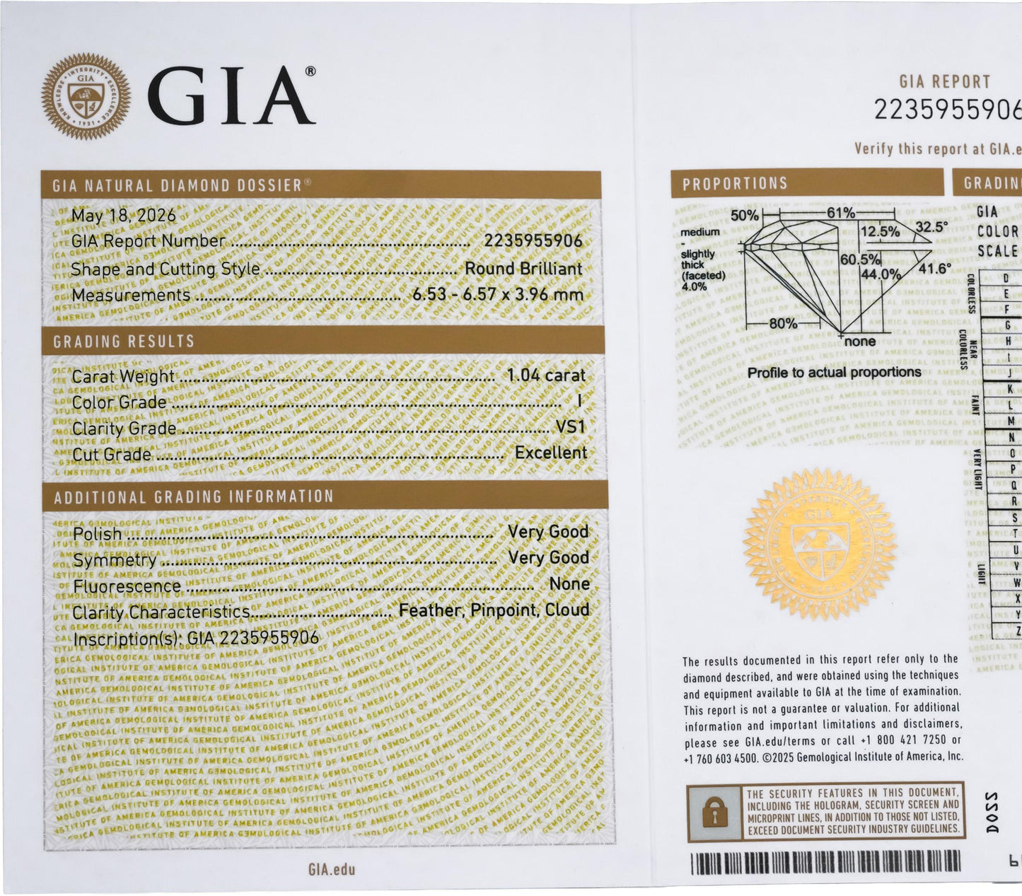 GIA Certified VS1/I Round Cut Natural Diamond Loose Stone 1.04CT