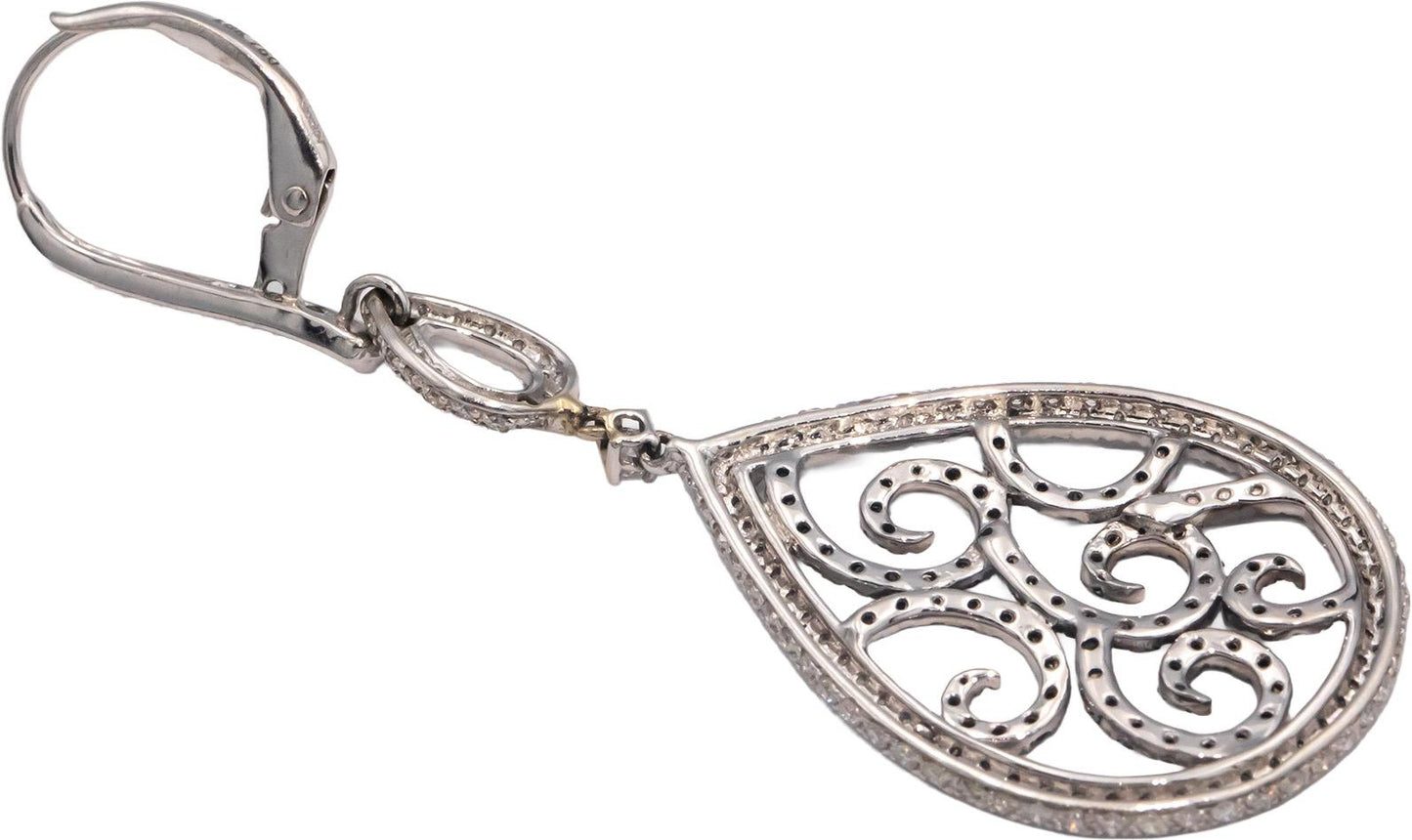 18k White Gold White and Black Diamond Drop Dangle Earrings 2.0CT