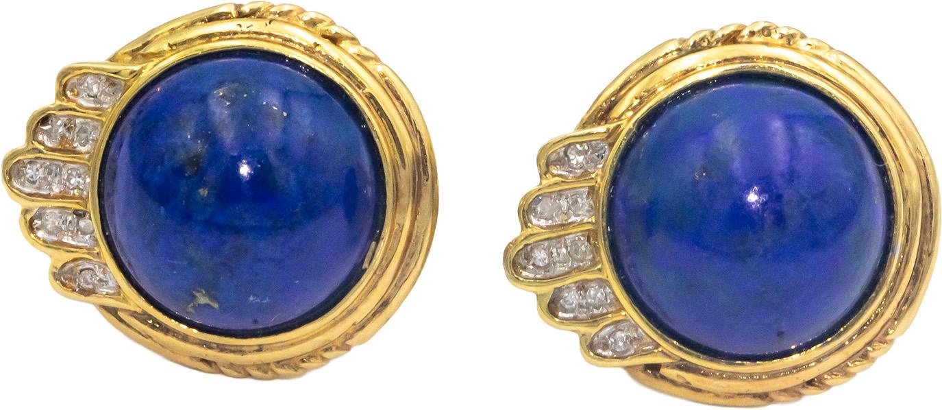 14k Yellow Gold 0.10CT Diamond and 11.2mm Lapis Lazuli Earrings