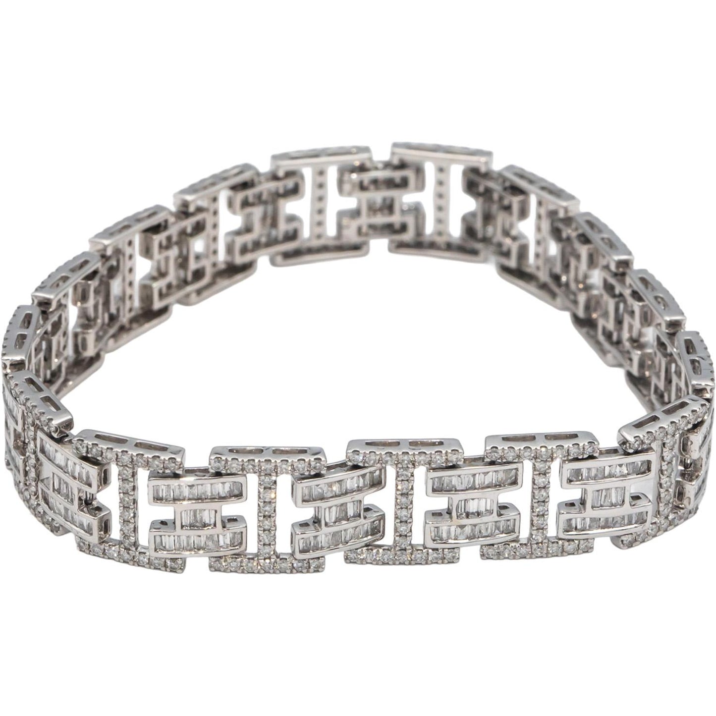 18k White Gold Round & Baguette Cut Diamond Fancy Link Bracelet 4.11CT