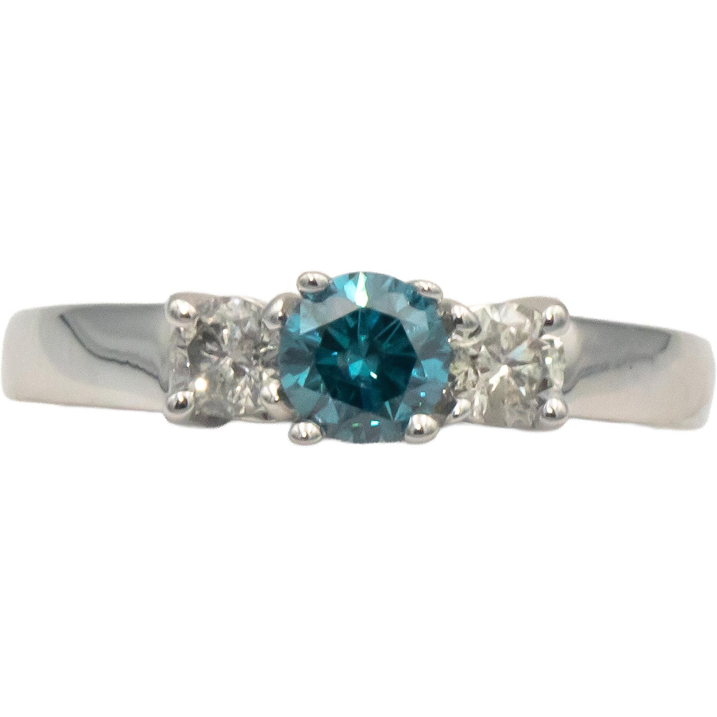 14k White Gold White and Blue Round Diamond Three Stone Ring 0.78CT Size 7.5