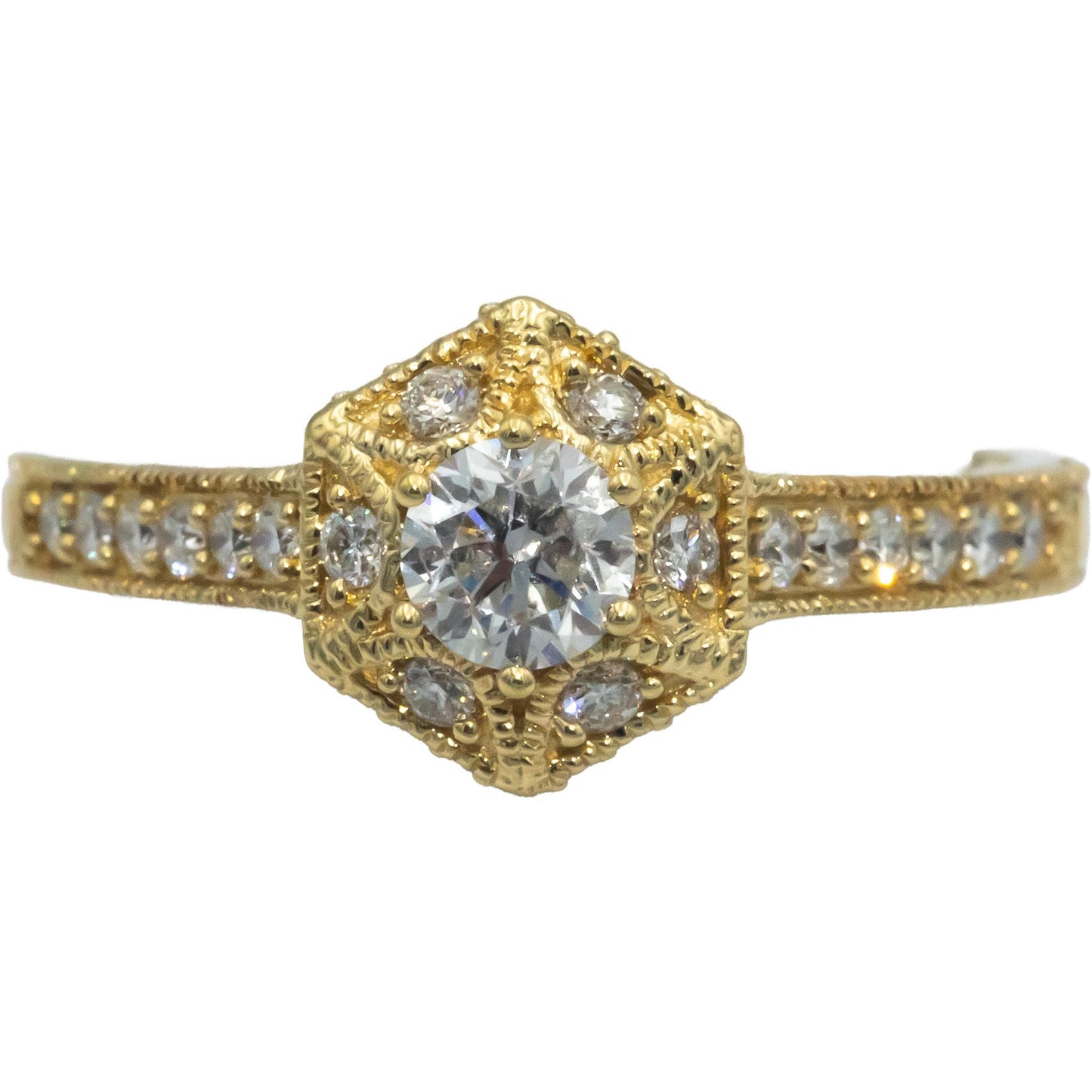 14k Yellow Gold Diamond Hexagon Ring 0.75CT w/ 0.35CT Center Size 7