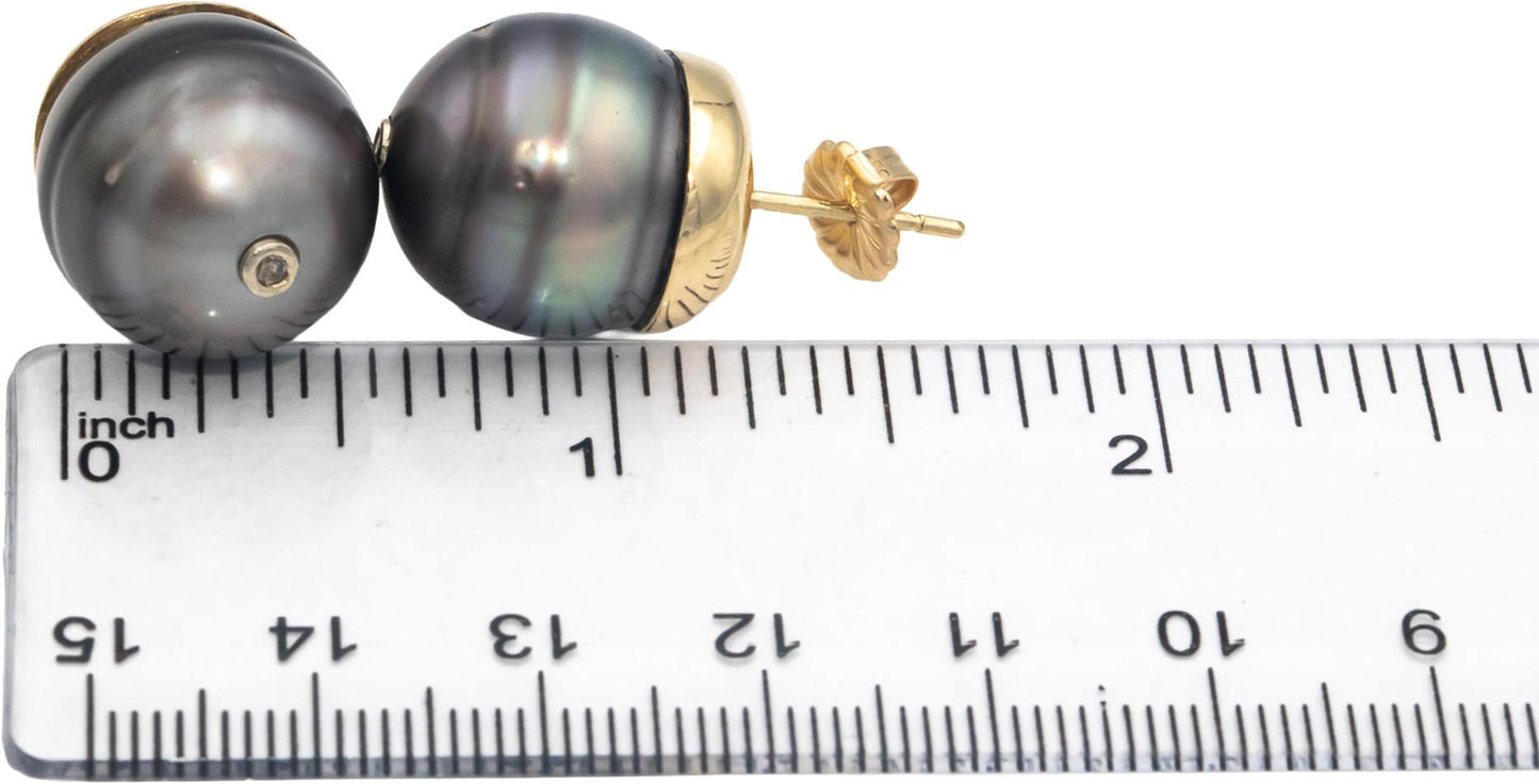 14k Gold Black Tahitian Pearl and Diamond Accent Stud Earrings 0.04CTW