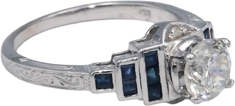 Vintage 14k White Gold 1.39CT Diamond and Sapphire Engraved Ring Size 7.25