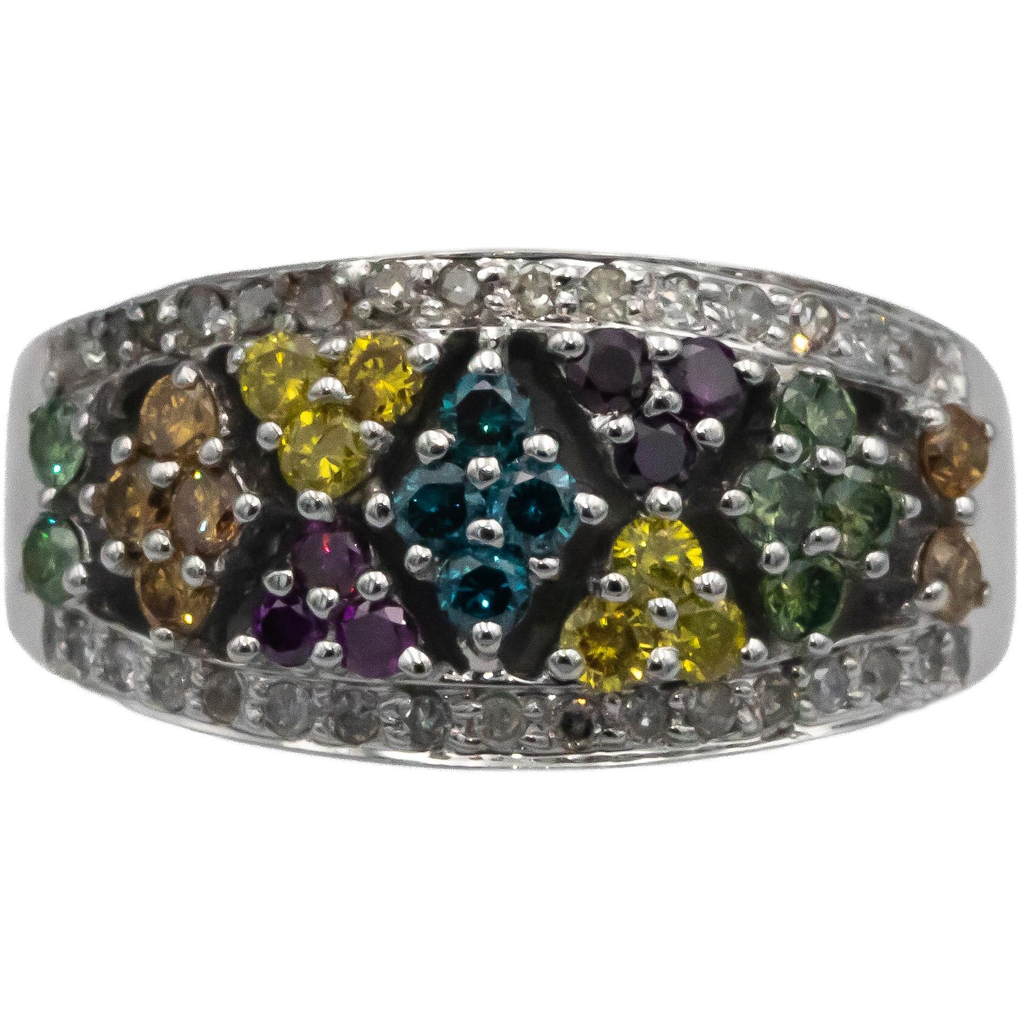 10k White Gold 0.70CT White and Multi-Color Diamond Cluster Ring Size 7.25