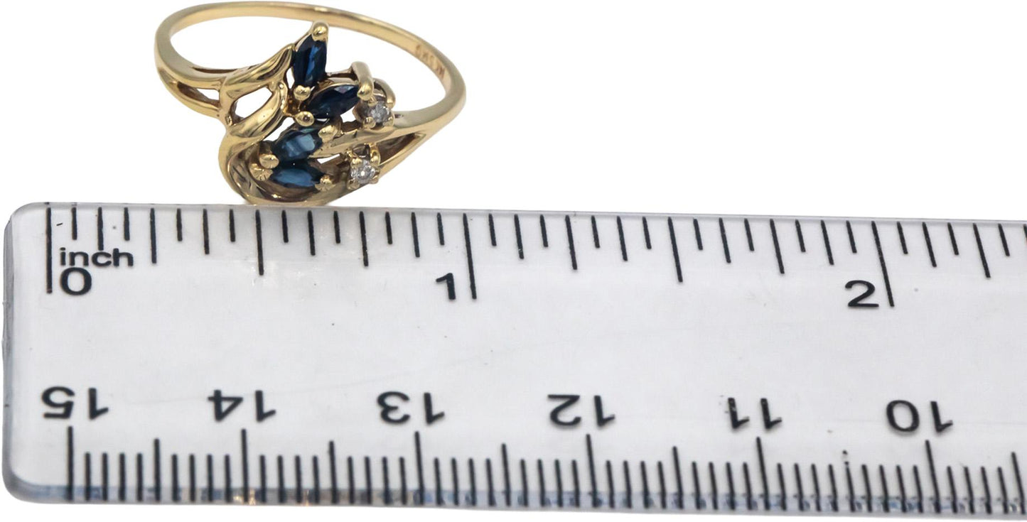 14k Yellow Gold Diamond and Blue Sapphire Floral Ring 0.27CT Size 7.75