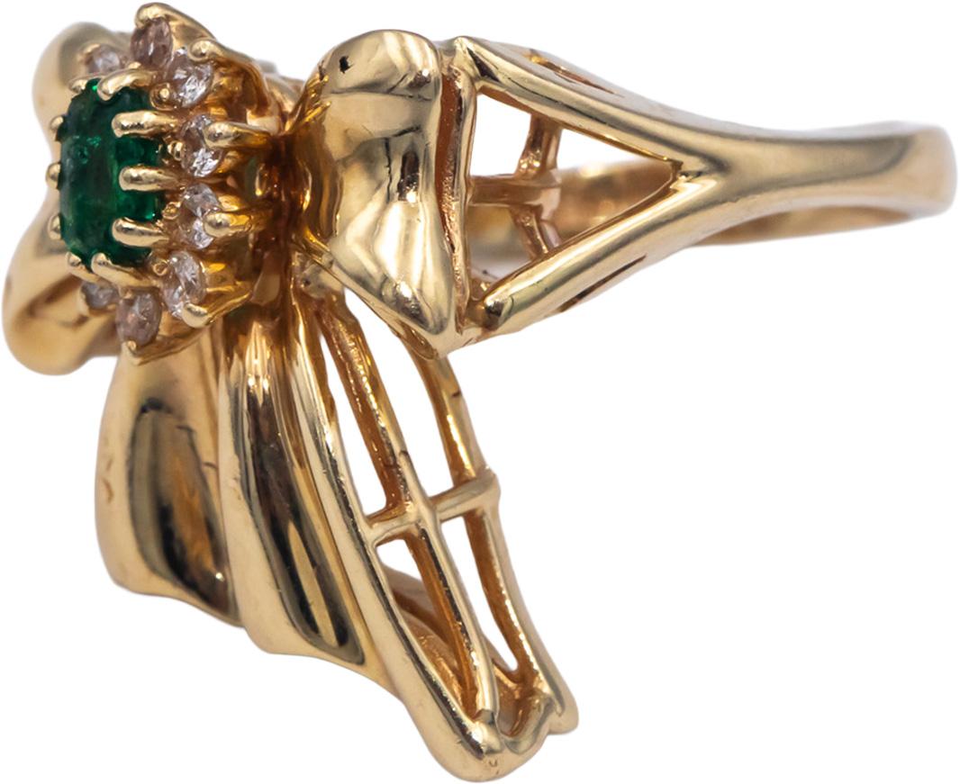 14k Yellow Gold 0.32CT Diamond and Emerald Ribbon Bow Ring Size 6