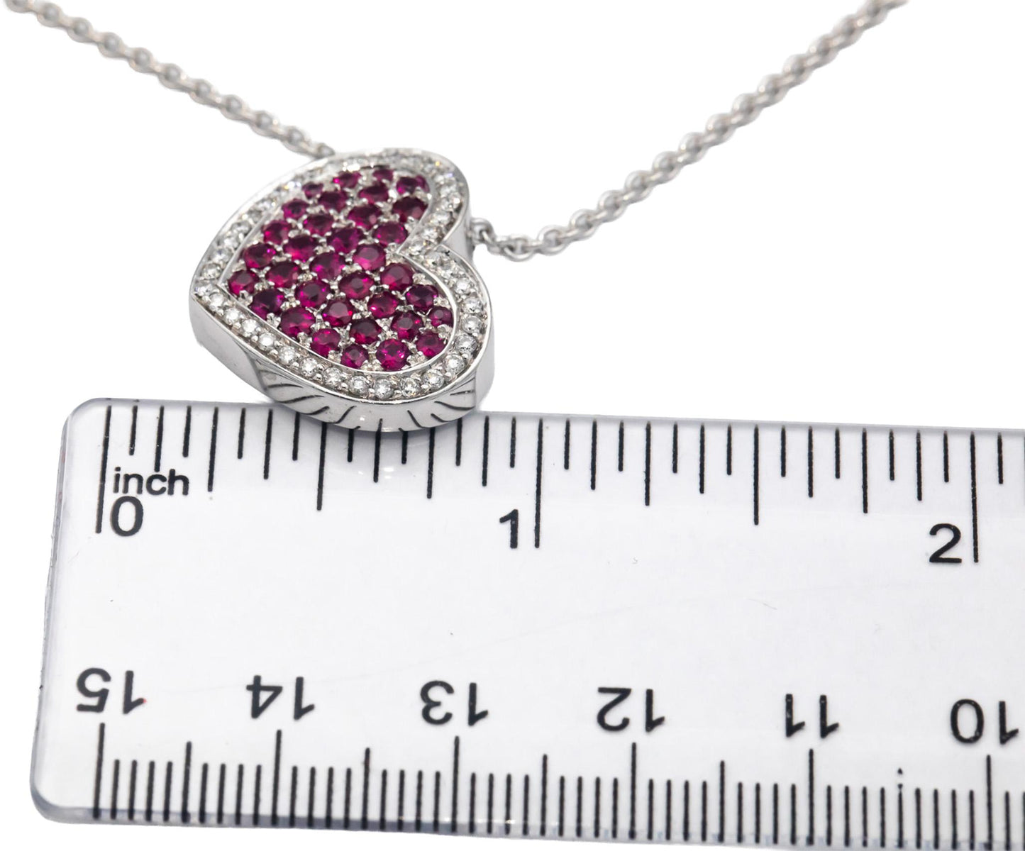 BIRKS 18k White Gold Diamond & Ruby Cluster Heart Pendant Chain Necklace 1.46CT