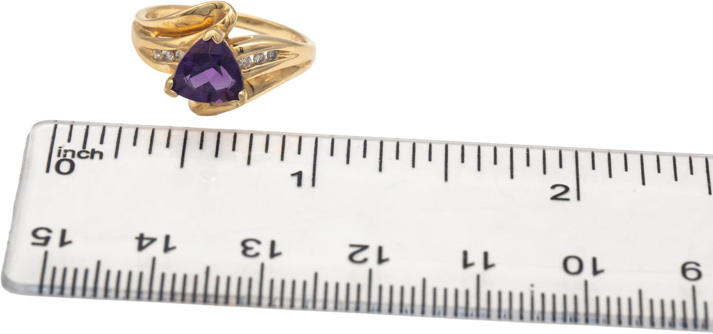 10k Yellow Gold Trillion Amethyst Round Diamond Cocktail Ring 1.50CT Size 5.5