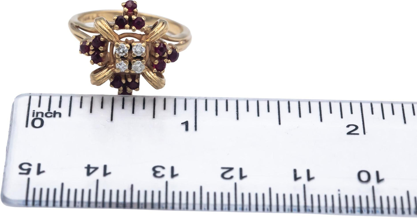 14k Yellow Gold Round Diamond and Ruby Cocktail Ring 0.42CT Size 6.25