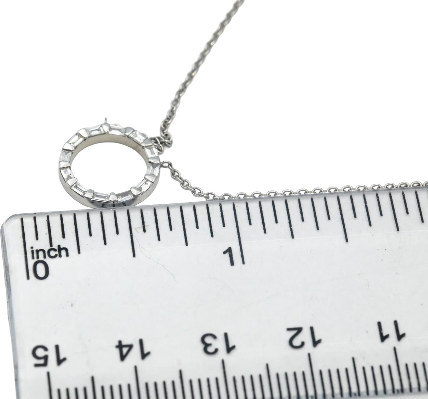 18k White Gold VS Baguette Cut Bar Set Diamond Circle Pendant Necklace .25CT