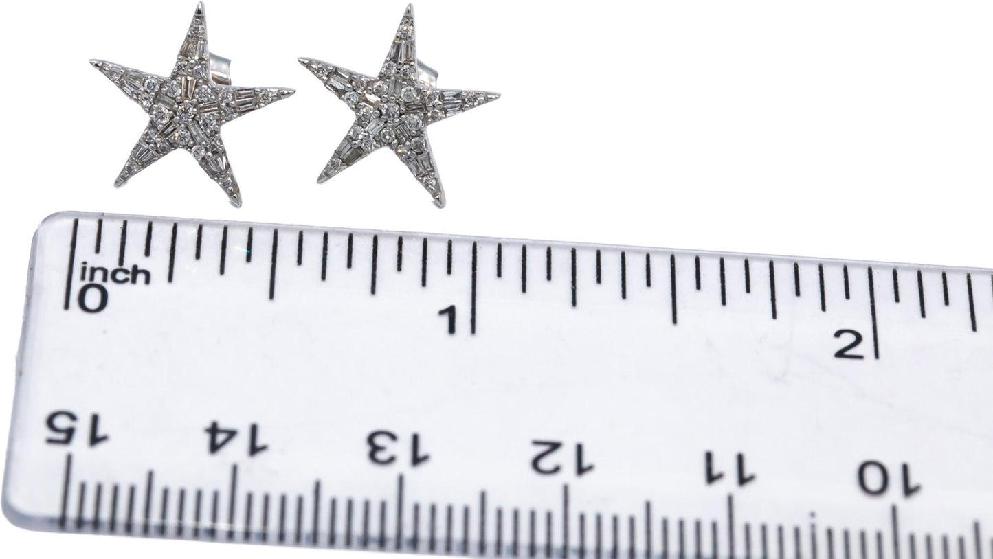 10k White Gold Round & Baguette Cut Diamond Star Cluster Stud Earrings 0.33CT