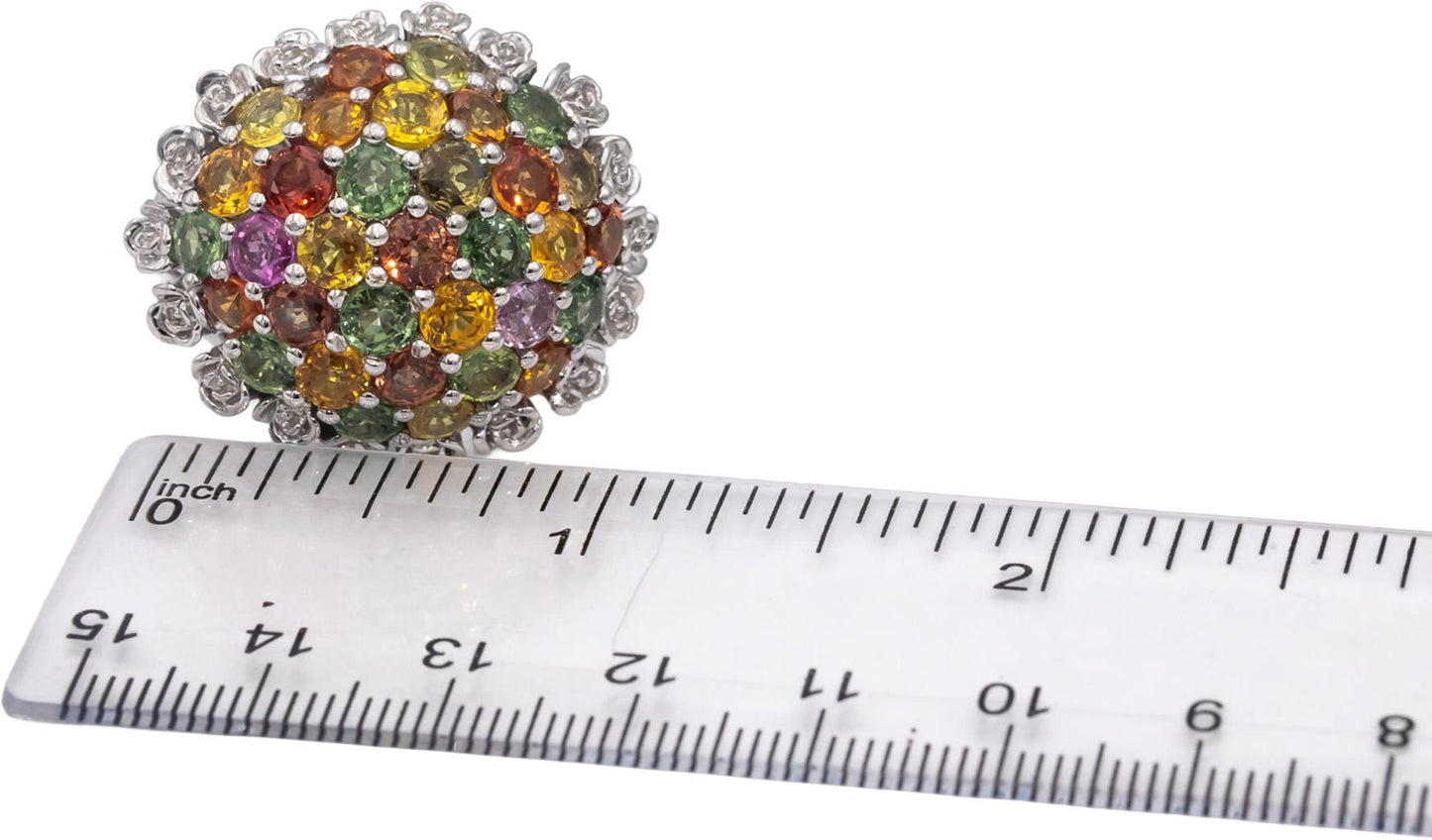 14k White Gold Round Cut Rainbow Sapphire Cluster Dome Ring 10.0CTW Size 8.75