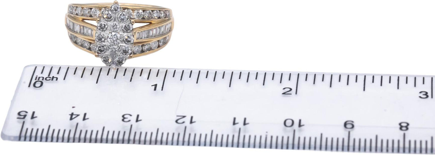 14k Yellow Gold Round & Baguette Diamond Cluster Cocktail Ring 1.50CT Size 7.25