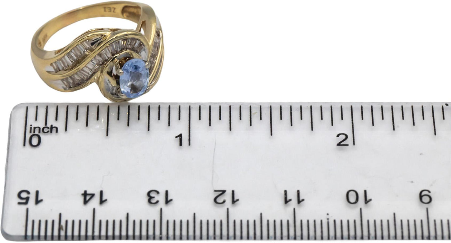 14k Yellow Gold Baguette Diamond & Oval Cut Blue Sapphire Swirl Ring 1.87CTW