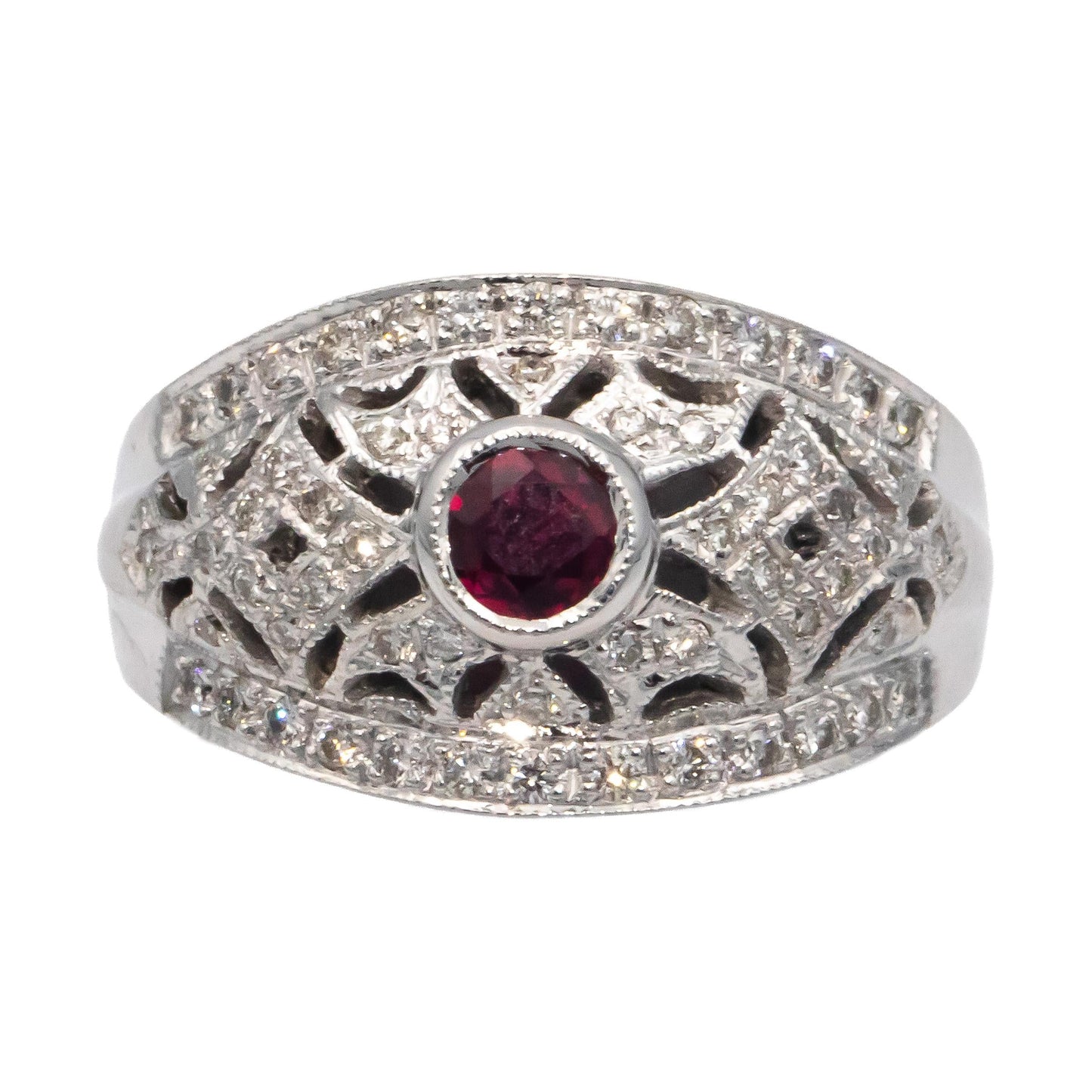 14k White Gold 0.75CT Diamond and Ruby Filigree Ring Size 6.75