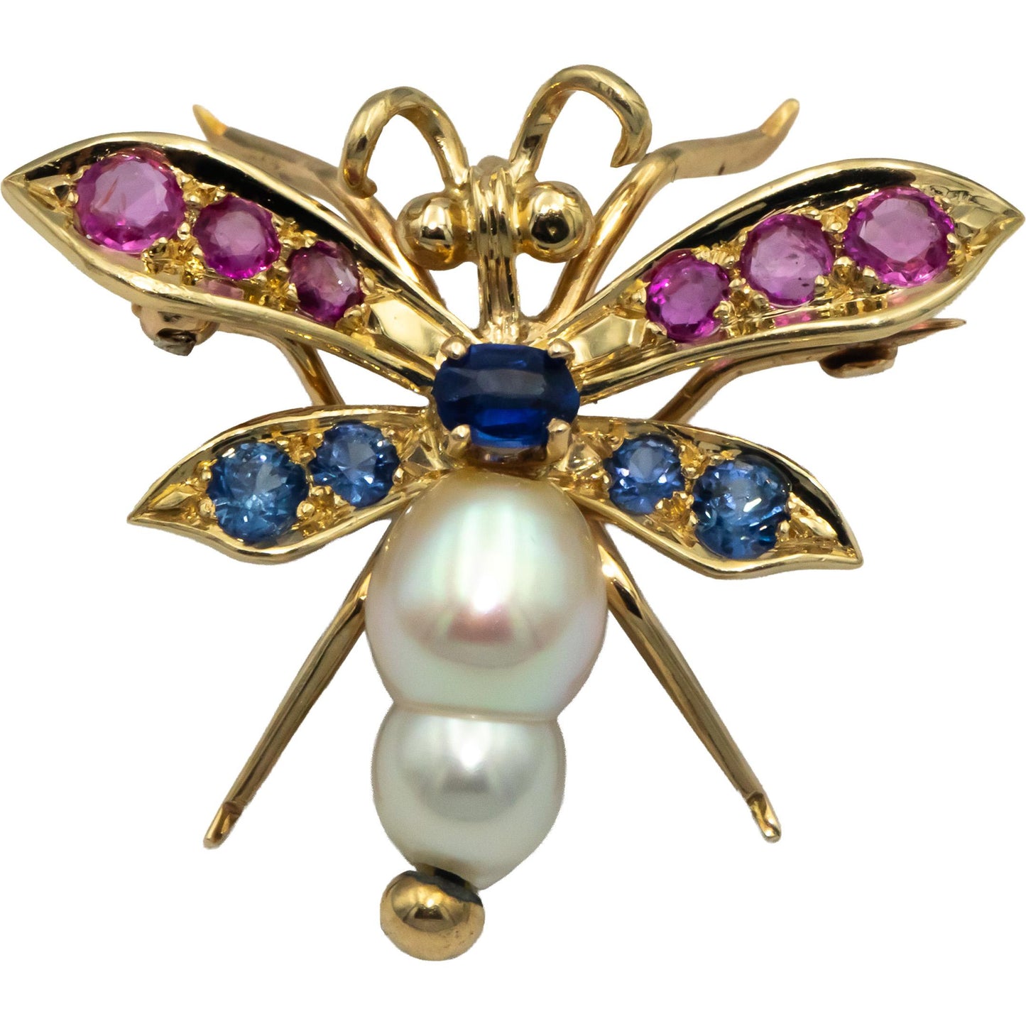14k Yellow Gold 1.20CT Pink & Blue Sapphire Pearl Fly Insect Pendant Brooch Pin