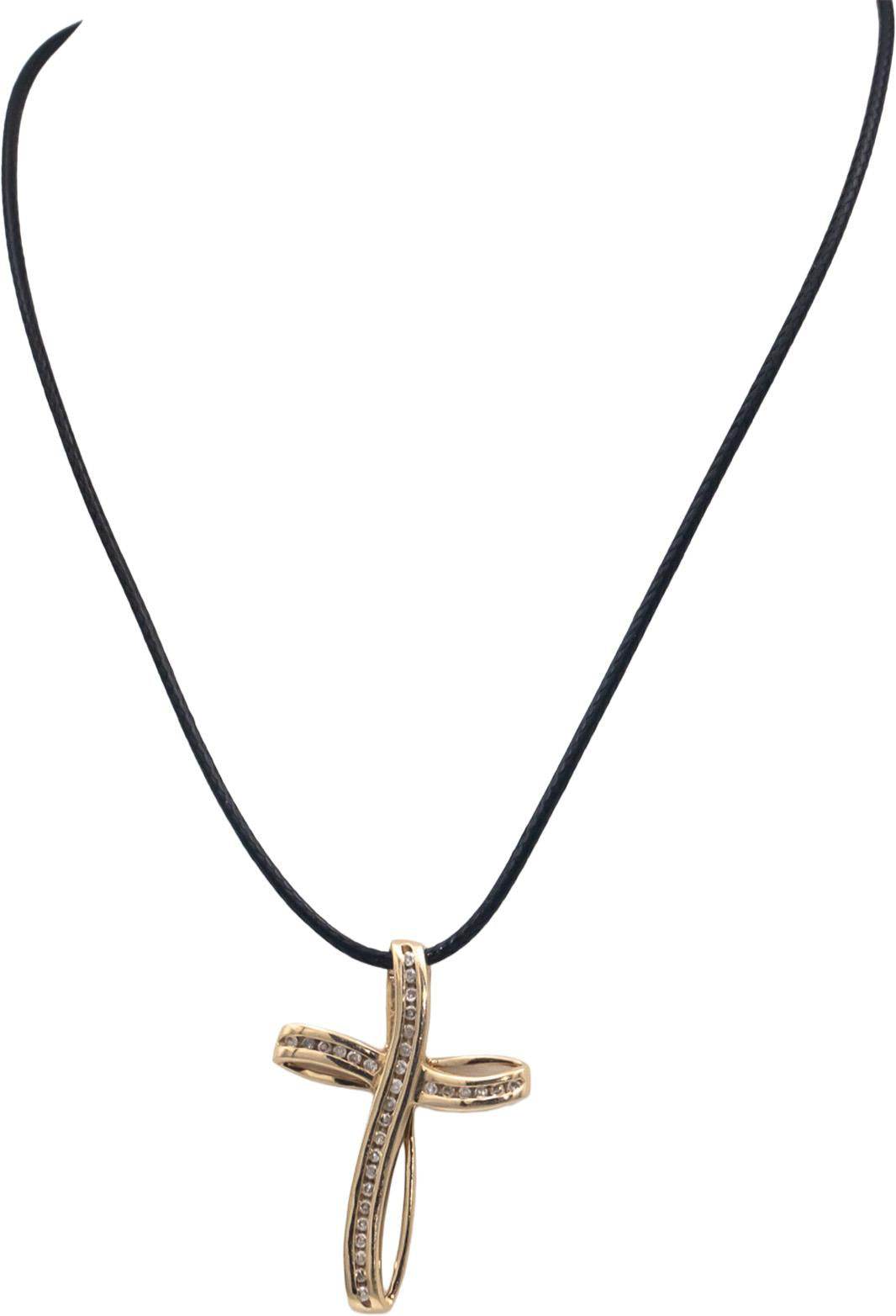 10k Yellow Gold 0.50CT Diamond Cross Crucifix Pendant On Cord Necklace
