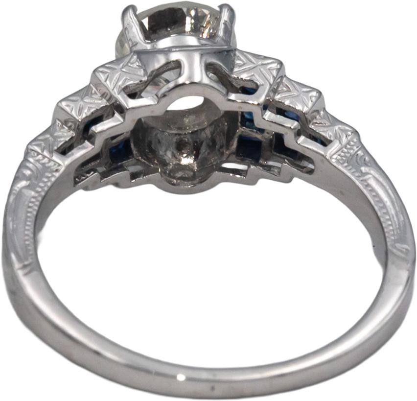 Vintage 14k White Gold 1.39CT Diamond and Sapphire Engraved Ring Size 7.25