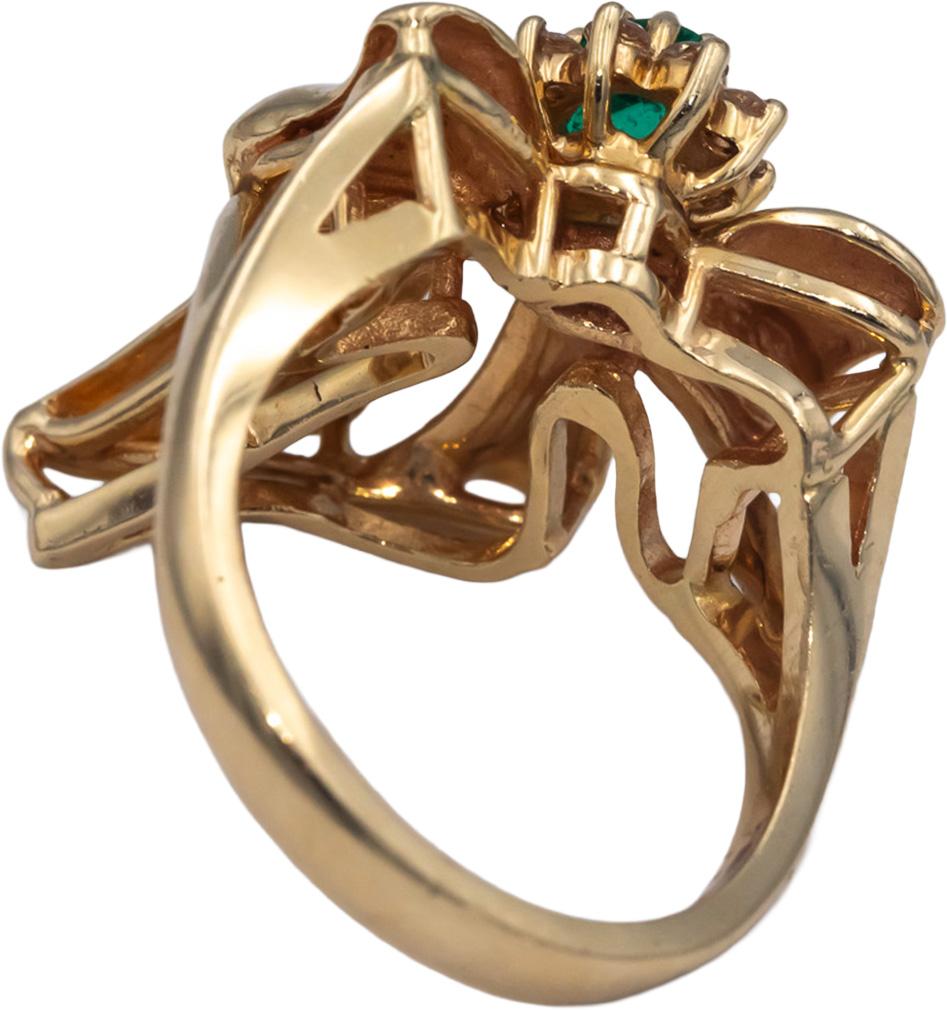 14k Yellow Gold 0.32CT Diamond and Emerald Ribbon Bow Ring Size 6