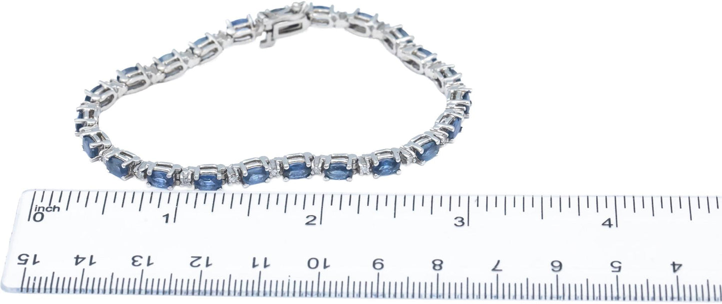 14k White Gold Round Diamond and Oval Blue Sapphire Tennis Bracelet 6.0CT