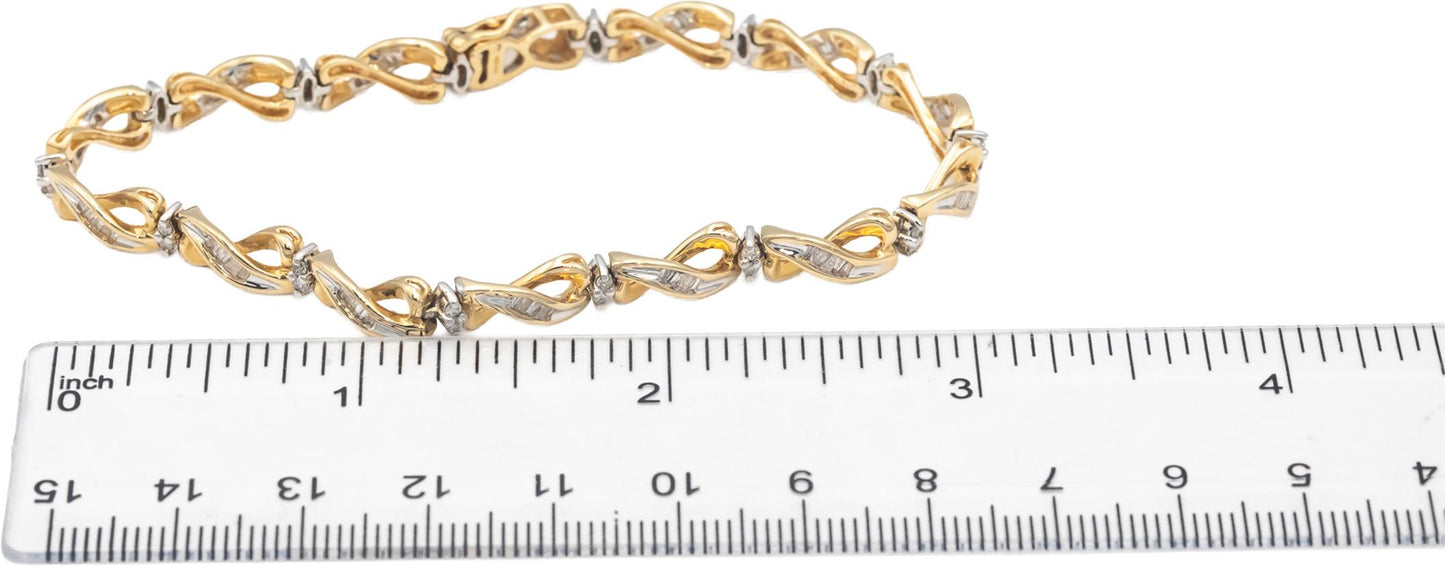 Round and Baguette Diamond 14k Yellow & White Gold Fancy Bracelet 2.0CT