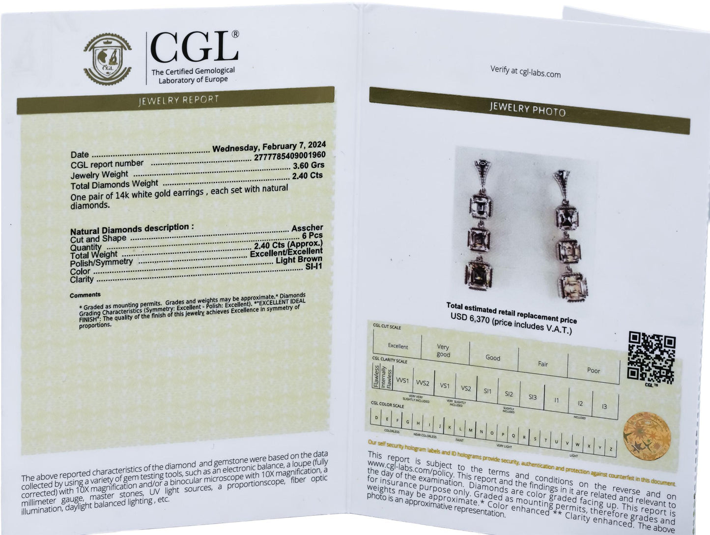 CGL Certified 14k White Gold Asscher Cut Diamond Drop Dangle Earrings 2.40CT