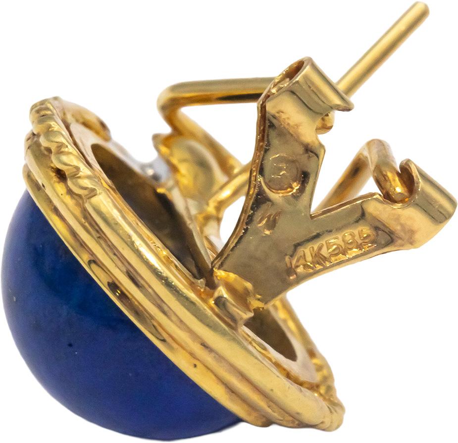 14k Yellow Gold Round Diamond and 11.2mm Lapis Lazuli Earrings 0.10CT