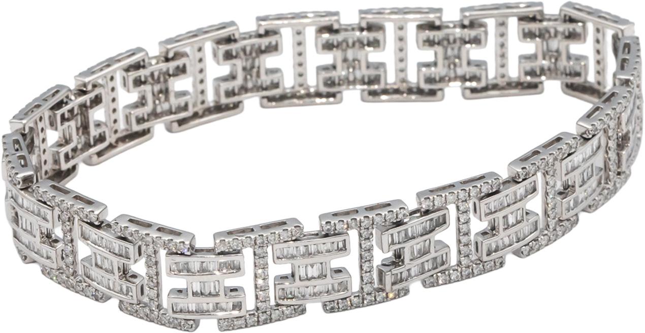 18k White Gold Round & Baguette Cut Diamond Fancy Link Bracelet 4.11CT