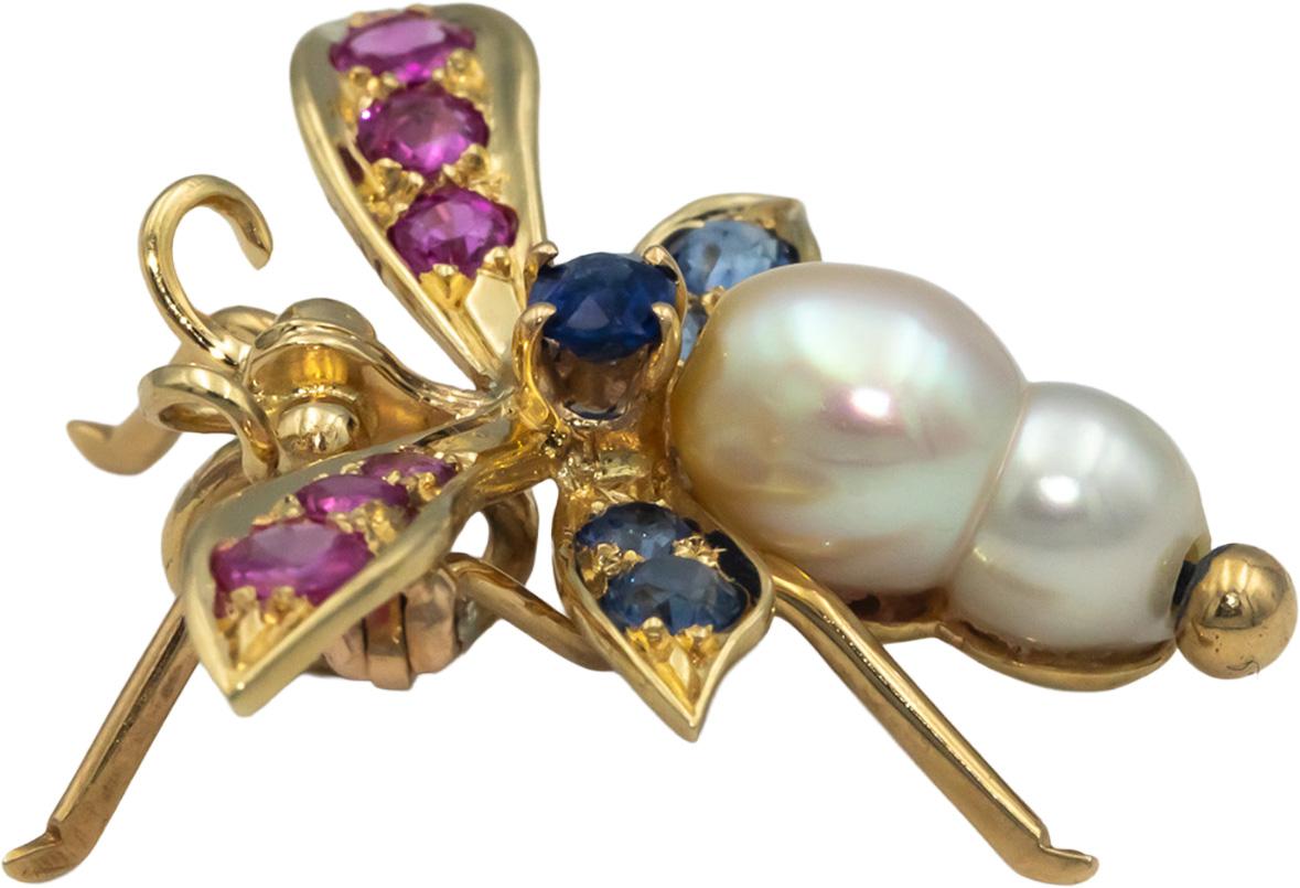 14k Yellow Gold 1.20CT Pink & Blue Sapphire Pearl Fly Insect Pendant Brooch Pin