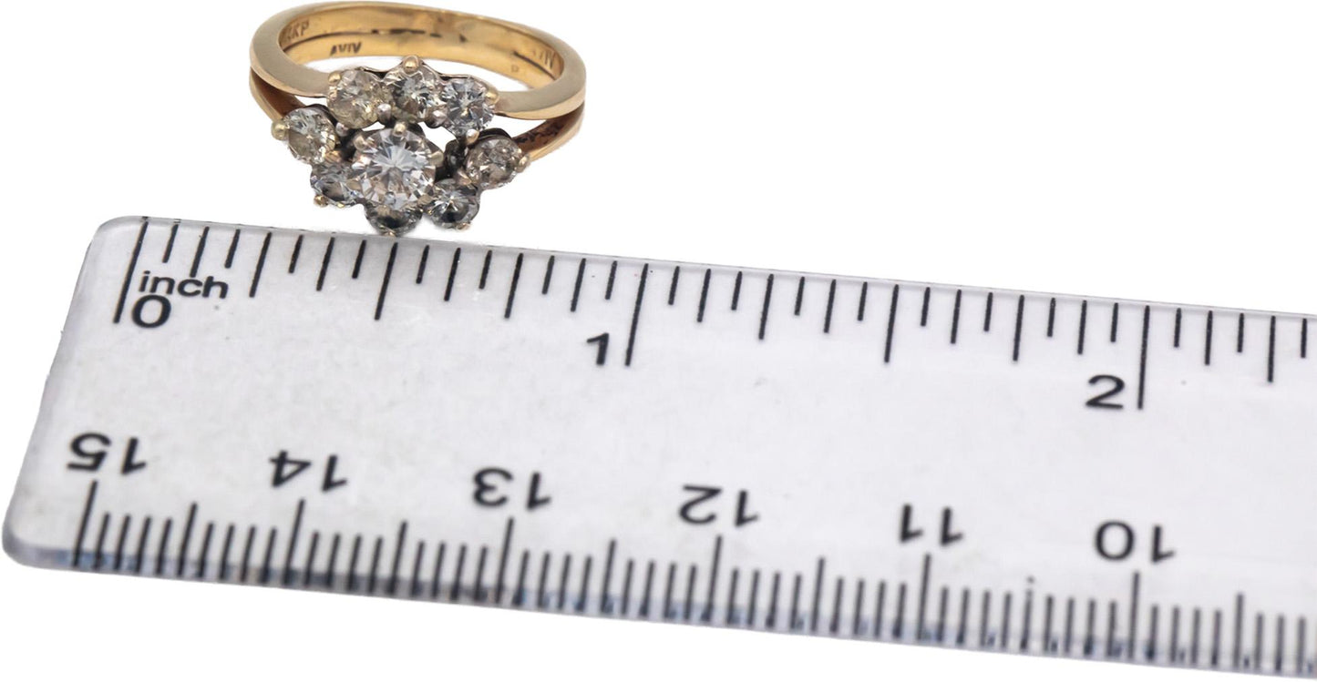 14k Yellow Gold Round Diamond Cluster Ring 1.0CT w/ 0.30CT Center Size 3.25