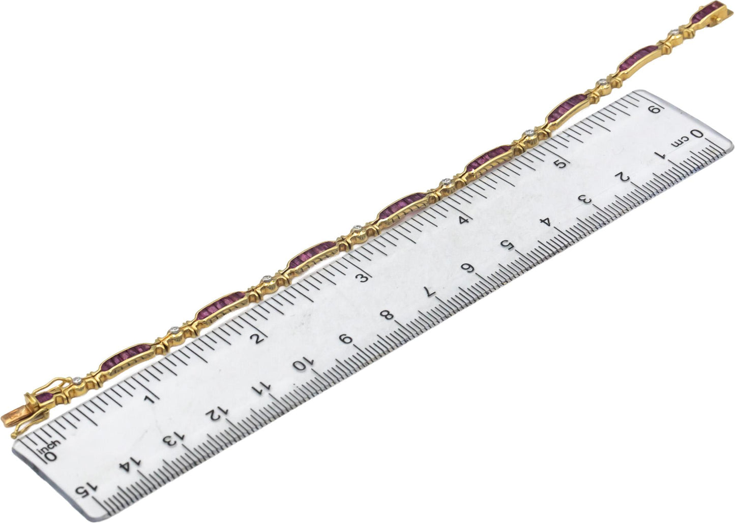 Designer 18k Yellow Gold Diamond and Ruby Fancy Link Tennis Bracelet 2.05CT