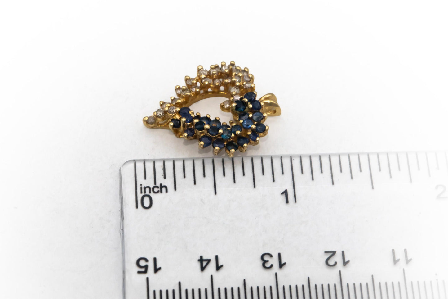 14k Yellow Gold Round Diamond and Sapphire Cluster Heart Pendant 0.50CTW