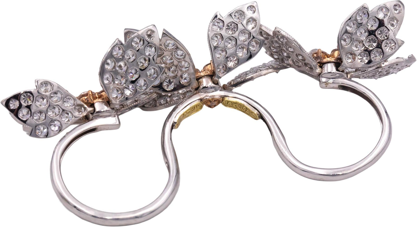 STAMBOLIAN 18k White Yellow Gold Diamond En Tremblant Leaf Double Ring 12.88CT