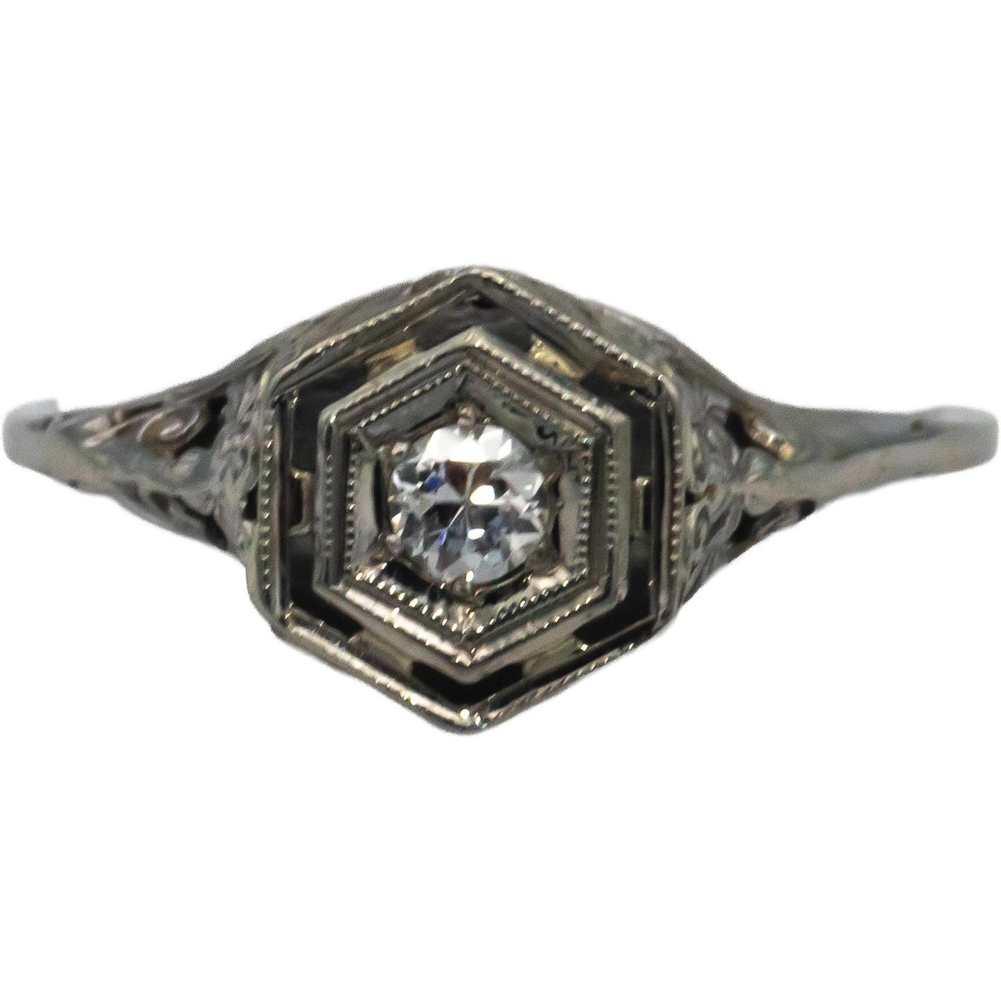 Vintage Antique 14k White Gold 0.10CT VS Old Euro Diamond Filigree Ring Size 7.5