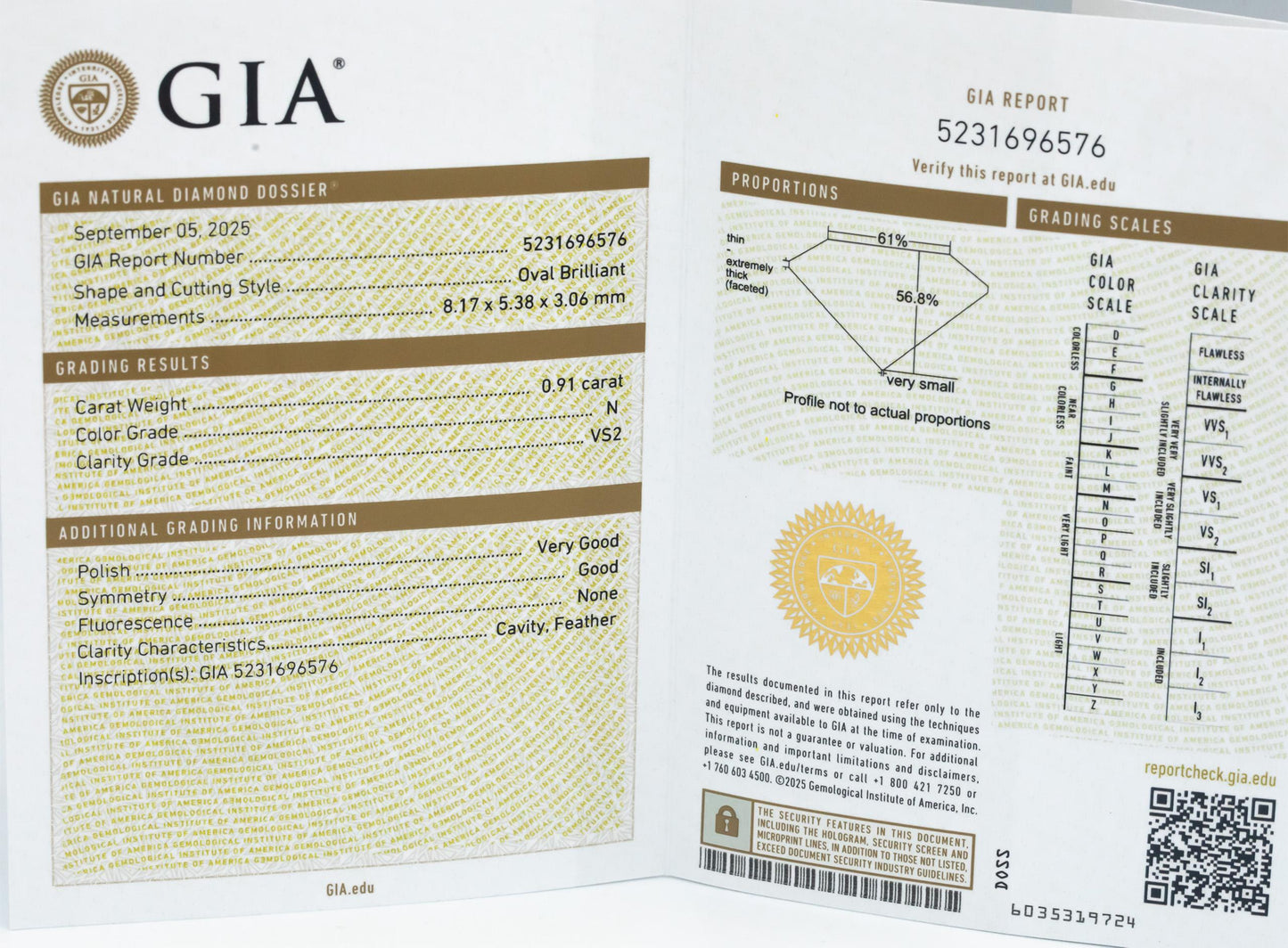 GIA Certified VS2/N Oval Brilliant Loose Diamond 0.91CT