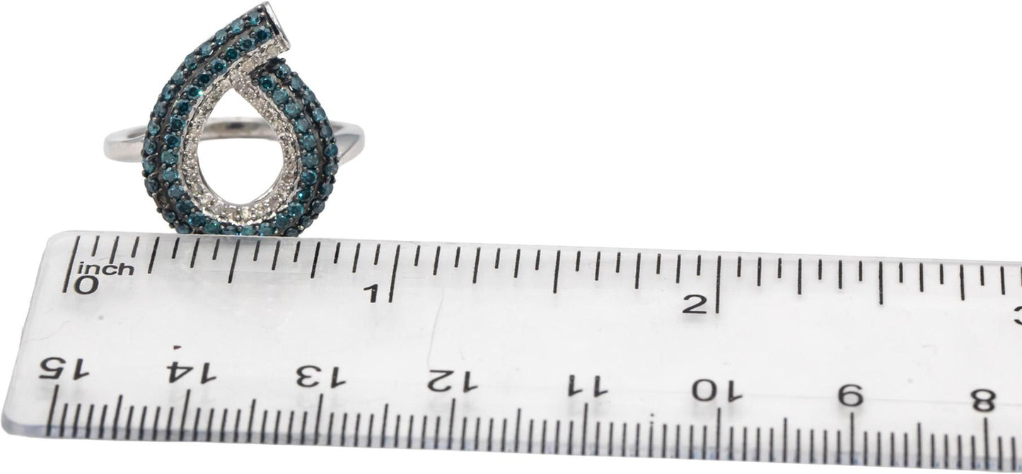 14k White Gold Round White & Blue Diamond Cluster Teardrop Ring 1.0CT Size 7.5