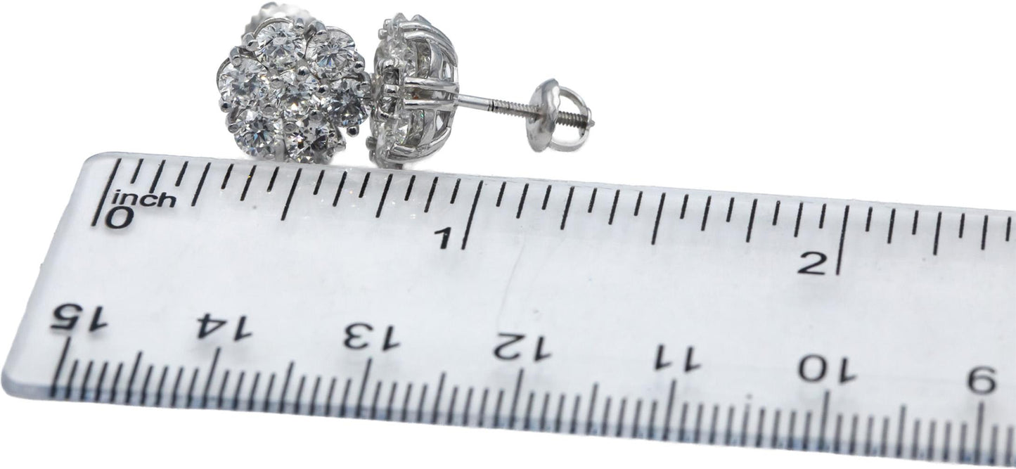 14k White Gold Round Diamond Cluster Flower Stud Screw Back Earrings 2.80CT