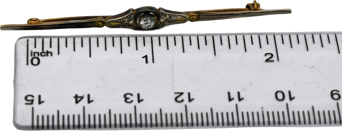 Art Nouveau 18k Gold and Silver Diamond Bar Brooch 0.15CT