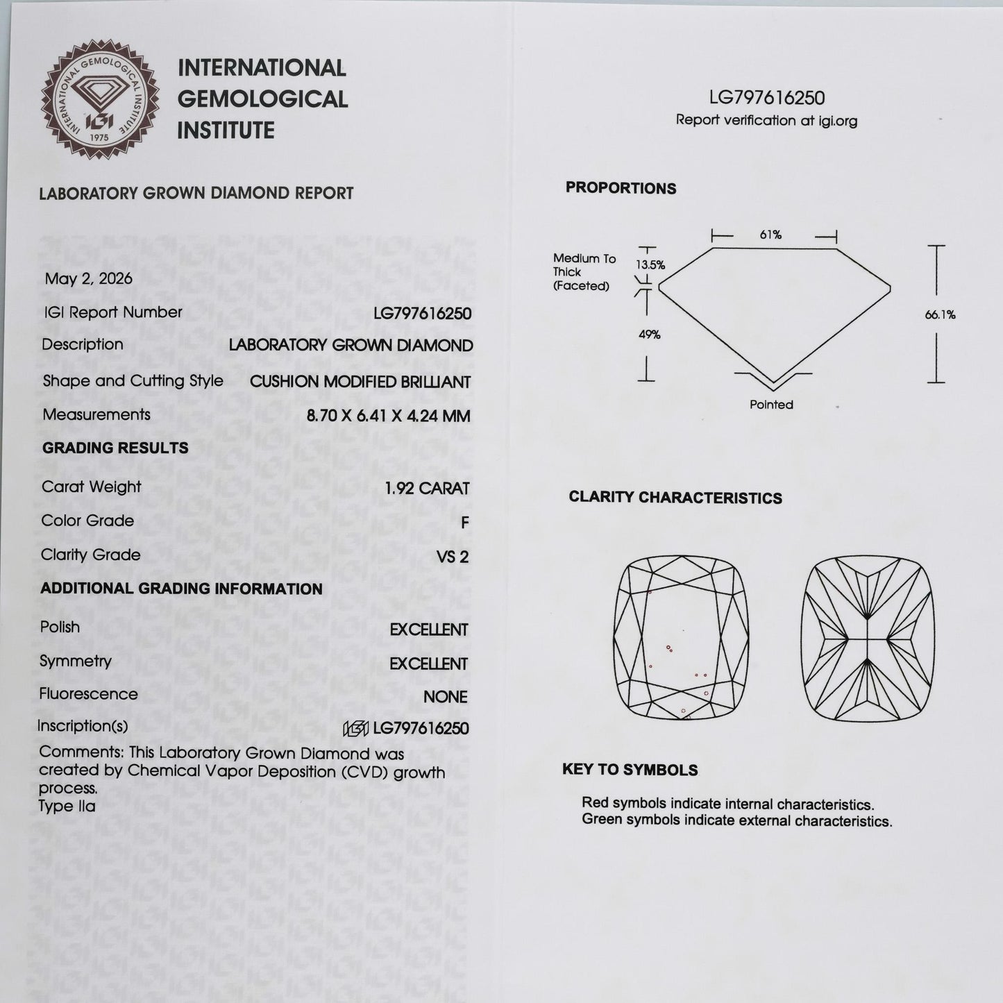 IGI 14k White Gold VS2/F Cushion Lab-Grown Diamond Ring 1.92CT Size 5.75