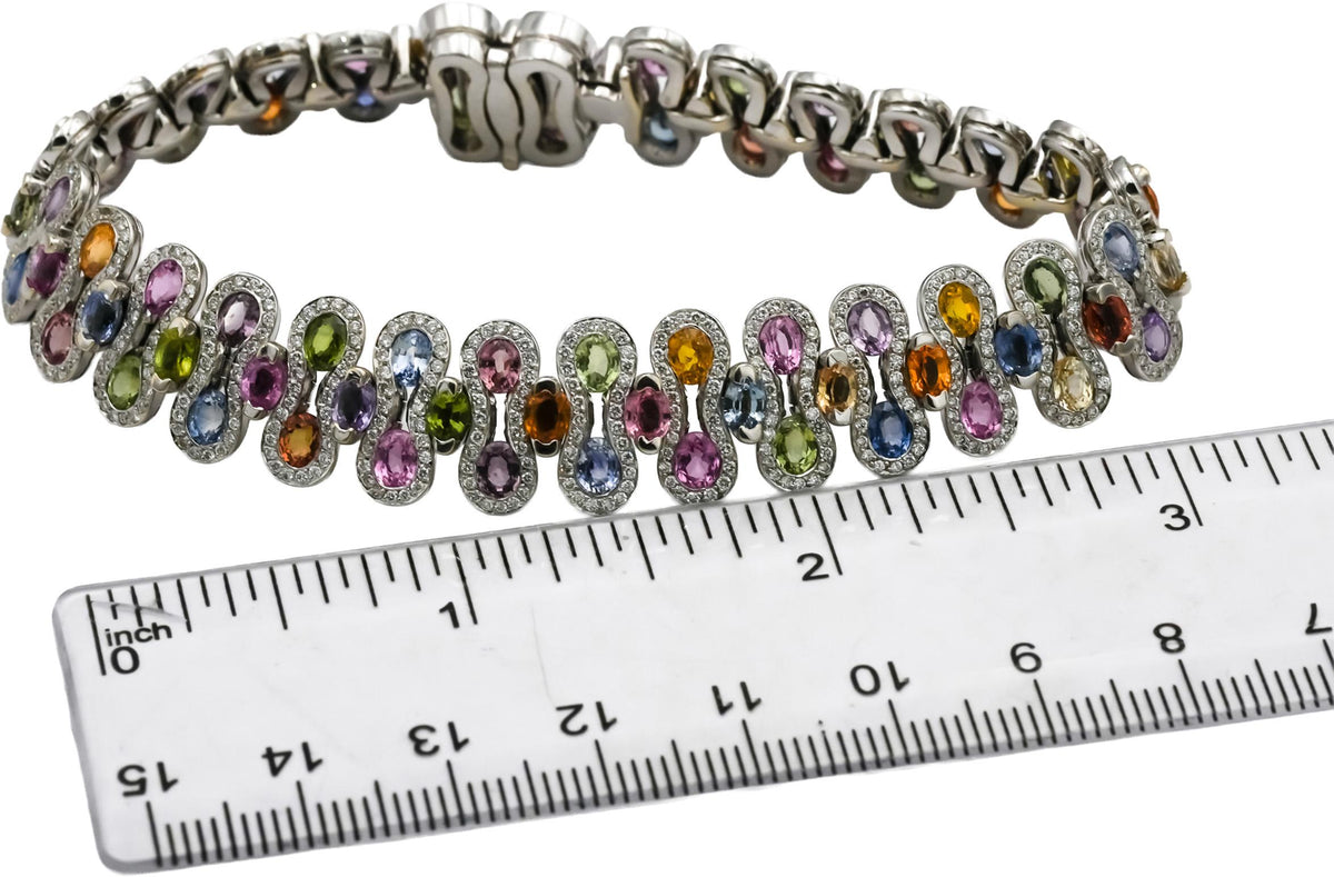 18k White Gold Diamond and Rainbow Sapphire Fancy Link Bracelet 4.0CT