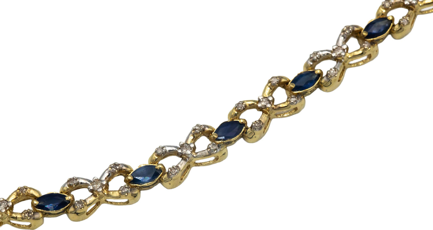 14k Yellow Gold Round Diamond and Marquise Sapphire Fancy Link Bracelet 3.65CT