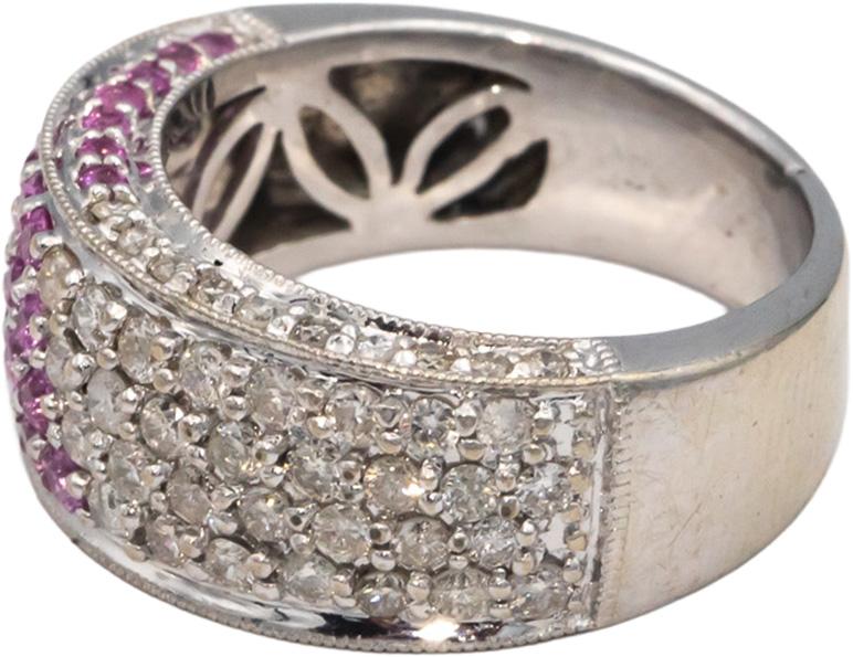 14k White Gold 1.15CT Diamond and Pink Sapphire Pave Band Ring Size 6.5