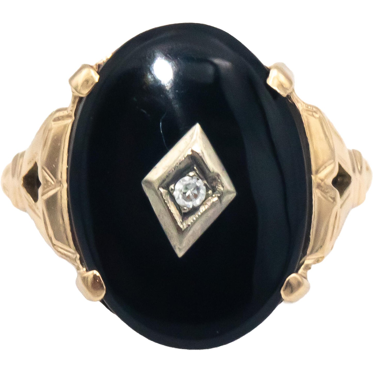 Vintage 10k Yellow Gold Diamond and Onyx Cocktail Ring 0.01CT Size 8.75