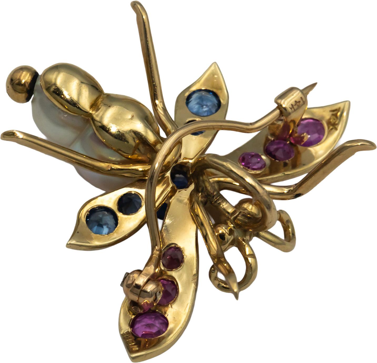 14k Yellow Gold Pink & Blue Sapphire Pearl Fly Insect Pendant Brooch Pin 1.20CT