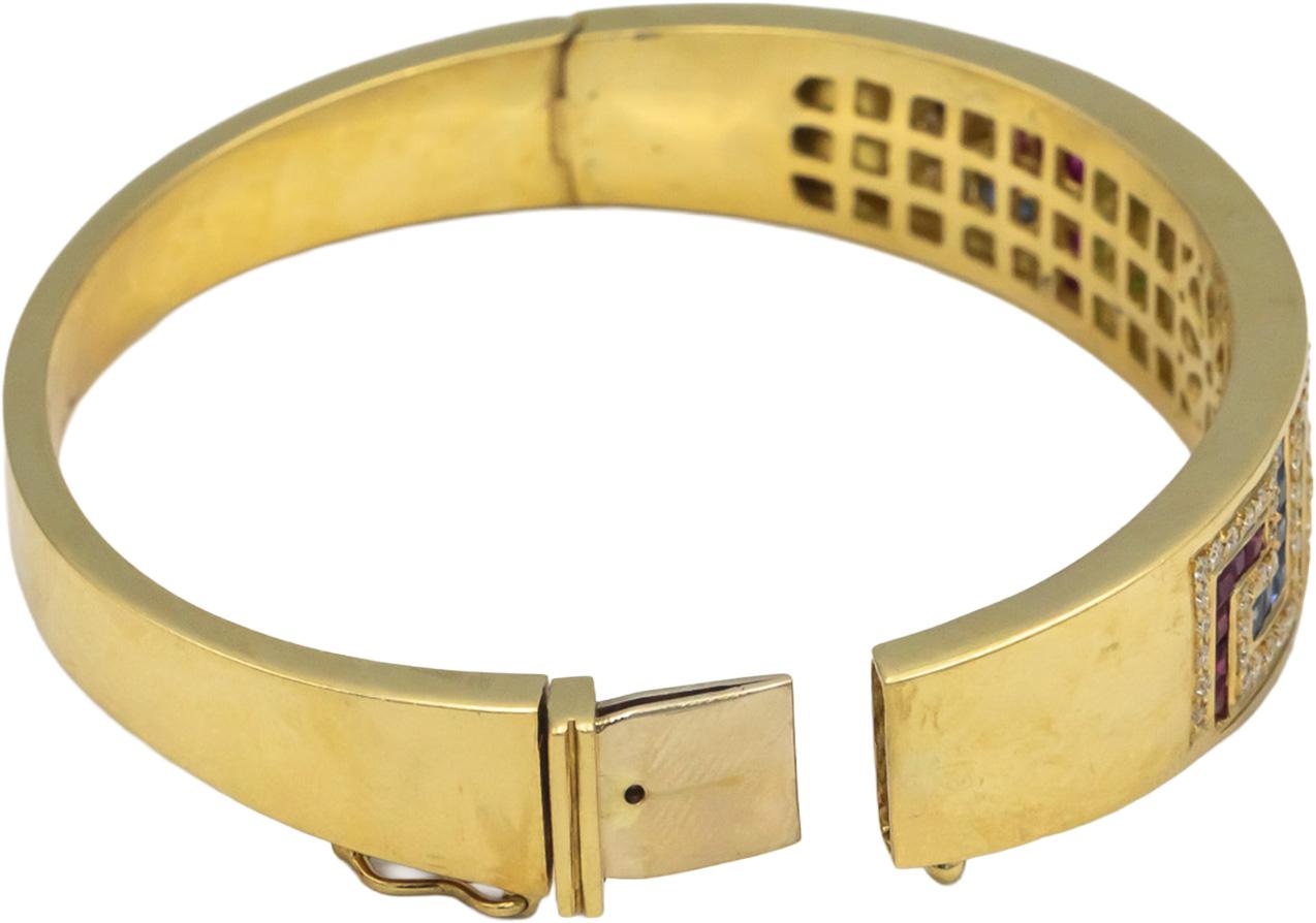 Diamond Ruby Emerald Sapphire 18k Yellow Gold Hinged Bangle Bracelet 3.70CT