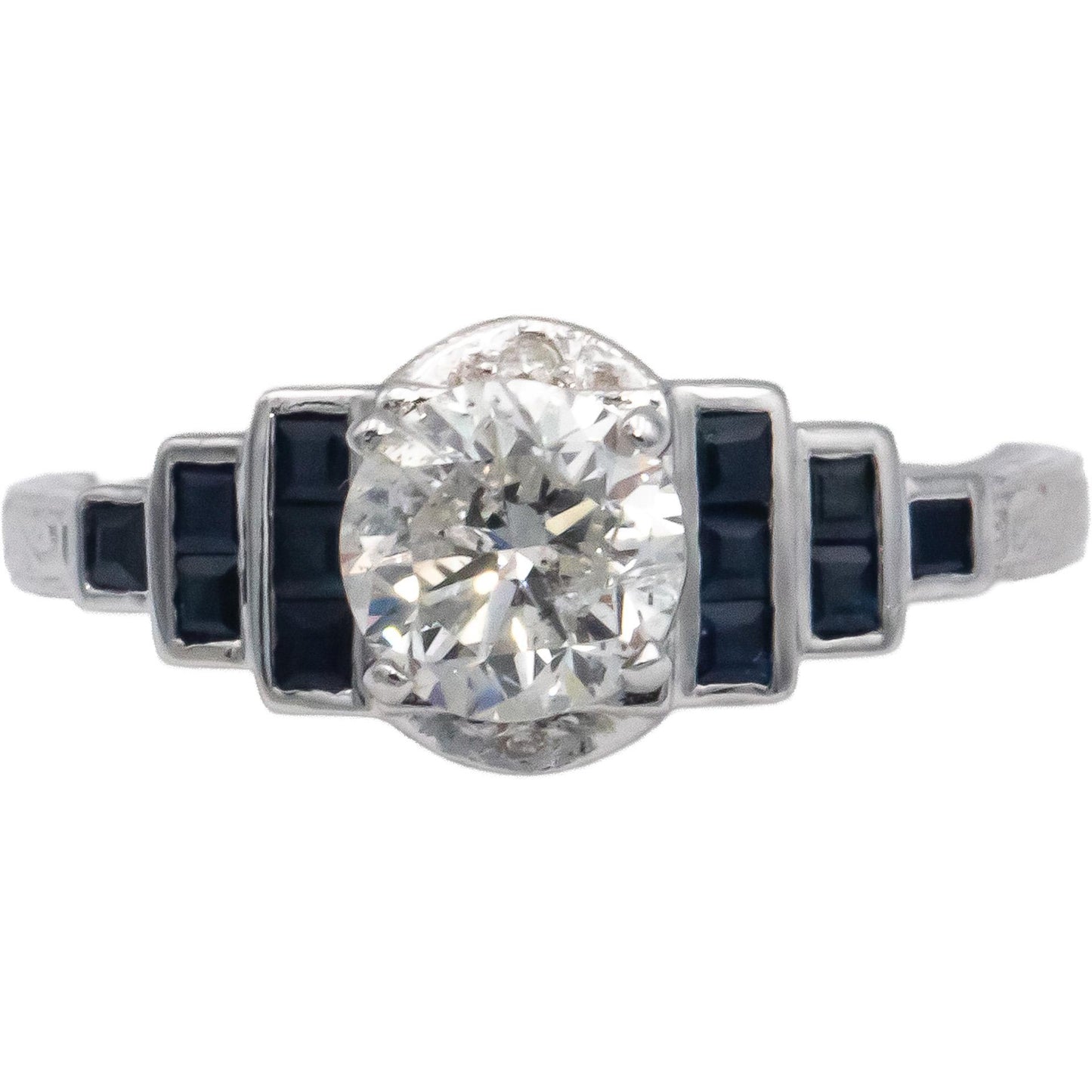 Vintage 14k White Gold 1.39CT Diamond and Sapphire Engraved Ring Size 7.25