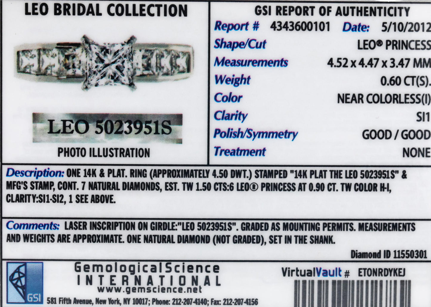 GSI Certified SI1/I Leo Princess Diamond Loose Stone w/ Report 0.60CT
