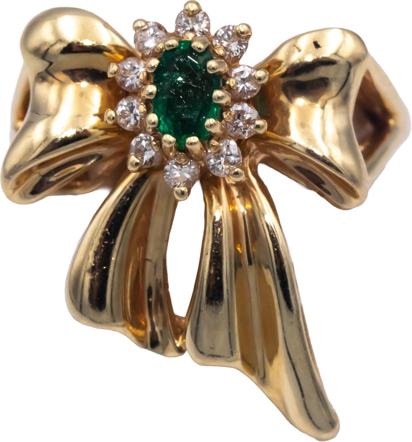 14k Yellow Gold 0.32CT Diamond and Emerald Ribbon Bow Ring Size 6
