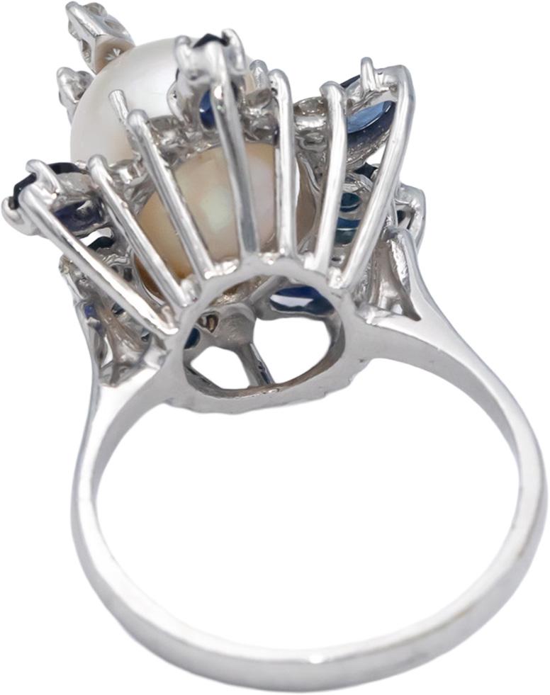 14k White Gold 1.50CT Diamond Sapphire and 10mm Pearl Cocktail Ring Size 8.25